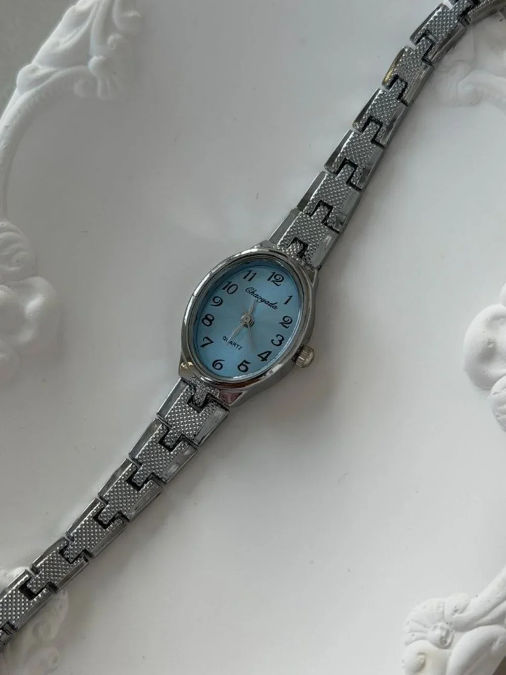 Sku0511 Retro Silver Blue dial Women Casual Oval Watch Bracelet + gift box